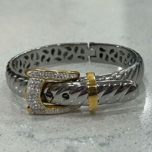Vintage Buckle Bracelet Womens OS Silver And Gold Tone Cubic Zirconia Adjustable